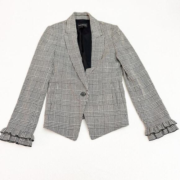 Club Monaco Plaid Patterned Blazer Ruffle Hem Size 2 - Picture 1 of 8